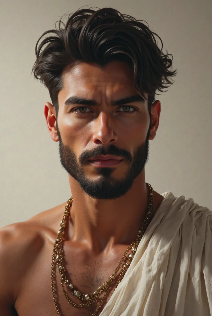 photograph of a beautiful man with black curly hair and a beard, he is naked, he is sitting sideways on a chair, leaning over a bench, professional photography, sensual gay shoot, photography with studio lighting in a dark environment, high resolution