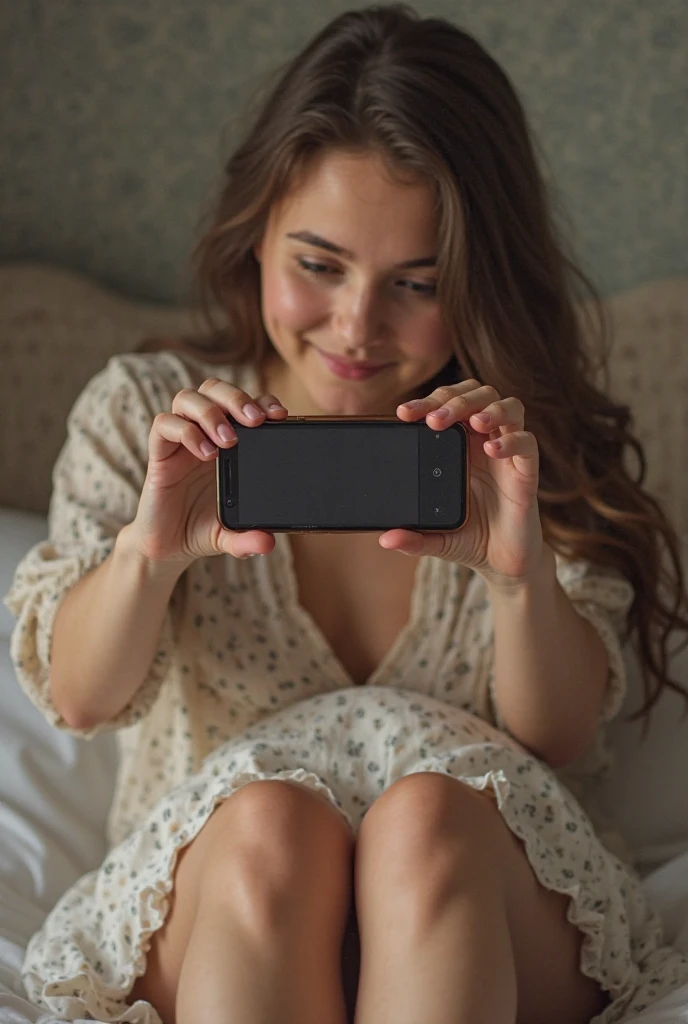 Fille blonde, 19 ans, allongée sur le dos sur son lit qu'on a une photo avec son téléphone plus de son corps. On ne voit que sa poitrine et son ventre. 