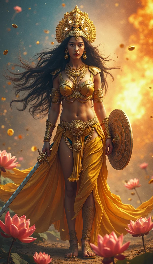 ultra-detailed, (photorealistic: 1.37), Caucasian woman, large breasts, black hair flowing in the wind, warrior woman wielding various divine weapons, BATTLE AGAINST demons and zombies, gold ornaments, pearls and precious stones, Supreme Goddess, smoke and dust , epic atmosphere, heroic pose, excellent lighting