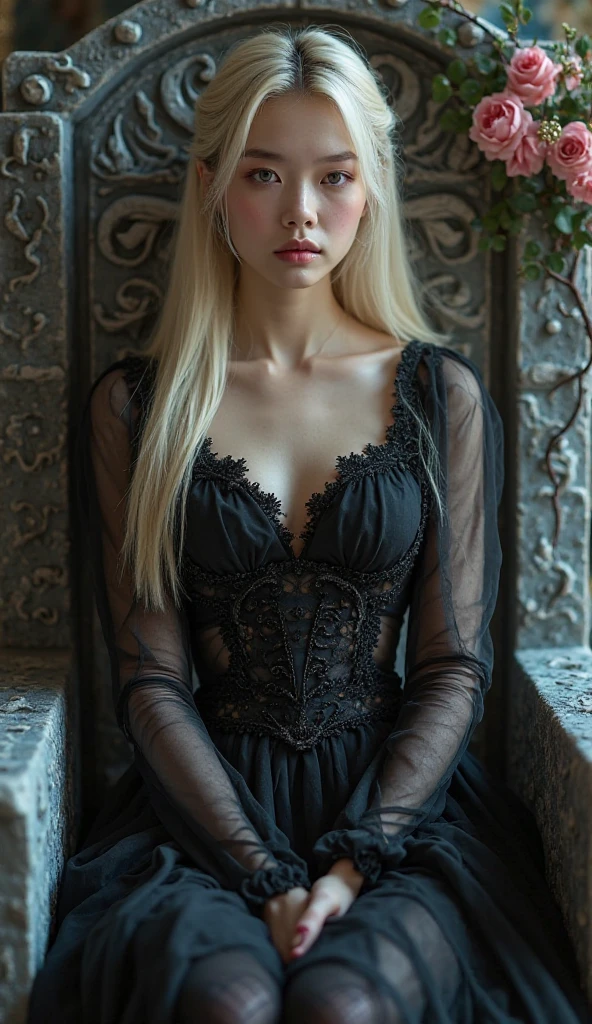 a woman with long blonde hair, honey eyes, wearing a gothic outfit, in the ultra realistic 4K garden