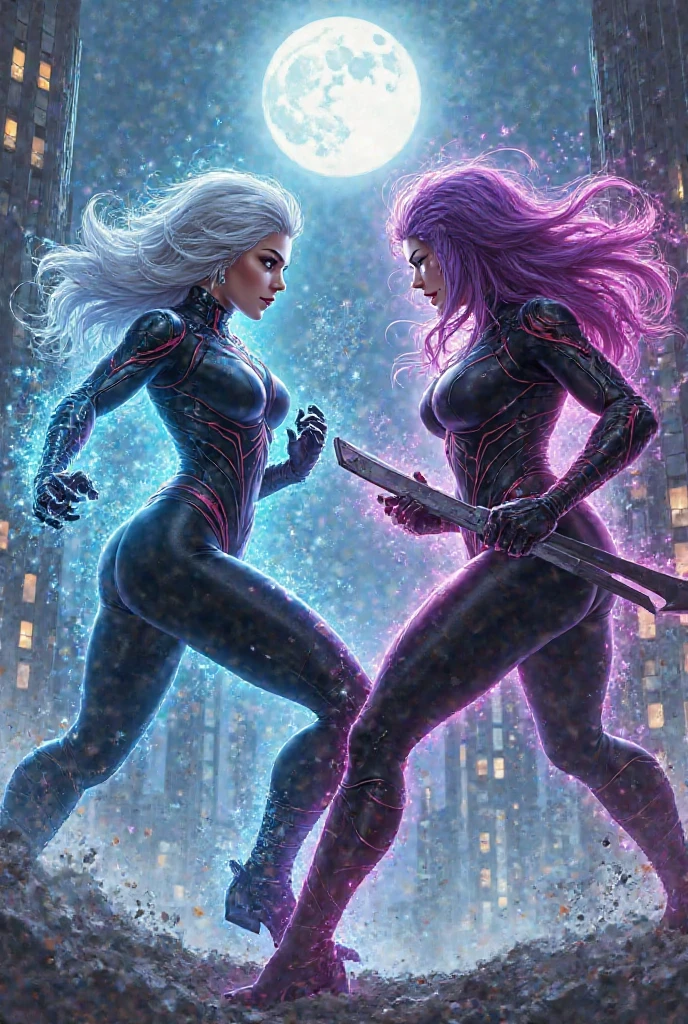 2 women, 1 woman Neon Vixen * Appearance: All-pink attire, straight, shoulder legnth, pink hair, big breasts, sleek and sophisticated appearance. * Character: Confident, ambitious, and a skilled businesswoman. * Abilities: Enhanced strength and agility. Can emit neon energy blasts. 1 woman The Quantum Queen * Appearance: Iridescent hair that changes color, futuristic bodysuit, holographic mask. * Character: Mysterious, enigmatic, and incredibly powerful. * Abilities: Can manipulate quantum energy, control elements, and manipulate time. Neon vixen Knicks the quantum queen to the ground