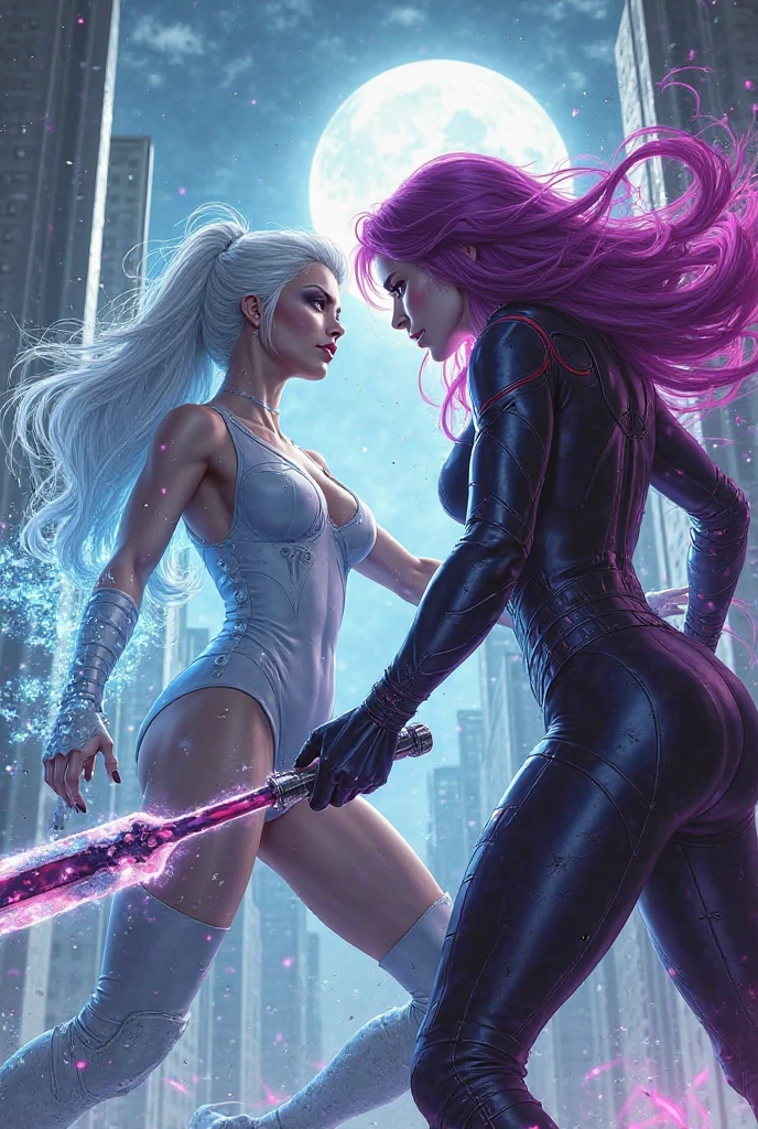2 women, 1 woman Neon Vixen * Appearance: All-pink attire, straight, shoulder legnth, pink hair, big breasts, sleek and sophisticated appearance. * Character: Confident, ambitious, and a skilled businesswoman. * Abilities: Enhanced strength and agility. Can emit neon energy blasts. 1 woman The Quantum Queen * Appearance: Iridescent hair that changes color, futuristic bodysuit, holographic mask. * Character: Mysterious, enigmatic, and incredibly powerful. * Abilities: Can manipulate quantum energy, control elements, and manipulate time. Neon vixen Knicks the quantum queen to the ground