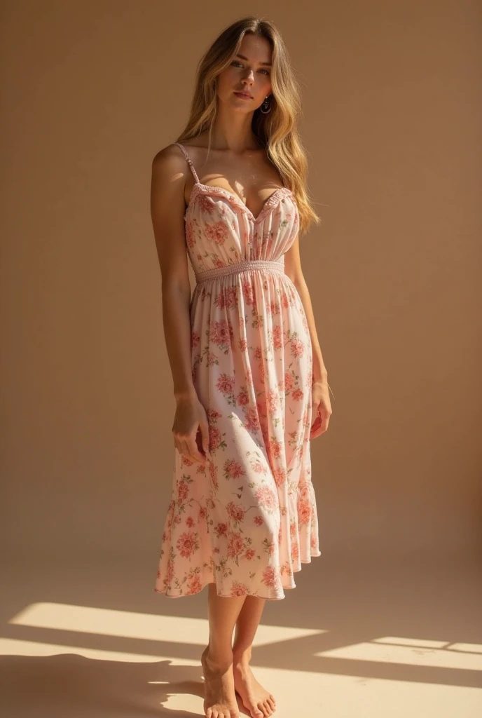 (photorealism:1.2), (full body shot:1.9) Beautiful, stunning, gorgeous, stunning woman, brown hair, green eyes, slender legs, soft features, muse, goddess, realistic skin, extremely detailed full body shot of a strikingly stunning woman, floral sundress