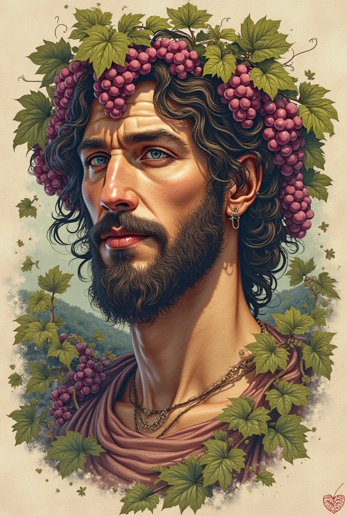 Caricature of the God of wine, Dionysus, with a thin face, beardless, white skin, thin but muscular, curly brown hair, with a crown of purple grape leaves, with an attractive pose in a tunic and bare chest.