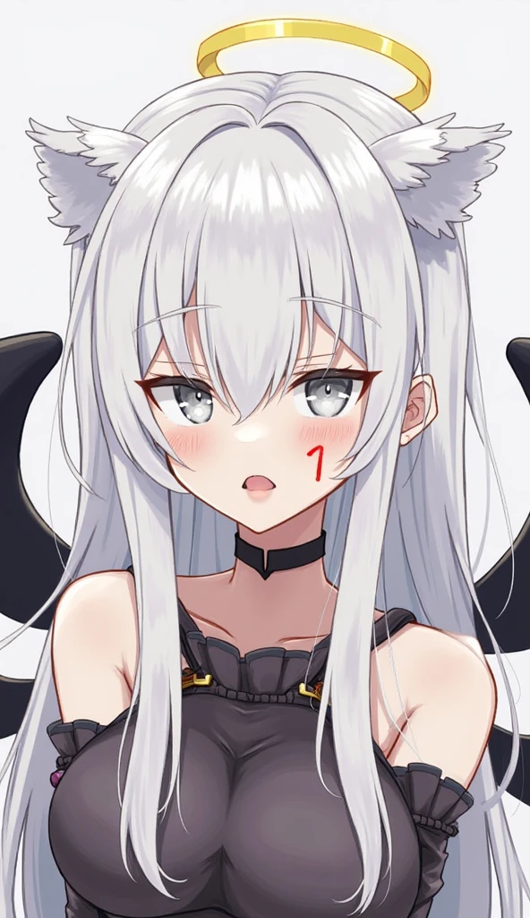 Anime girl with horns and a black top, perfect white hair girl, girl with white hair, tifa lockhart with white hair, cyborg - girl with silver hair, extremely detailed artgerm, white hair deity, IG model | Artgerm, Digital Anime Illustration, White Haired Lady, Digital Anime Detailed Art, White Hair, Open Mouth