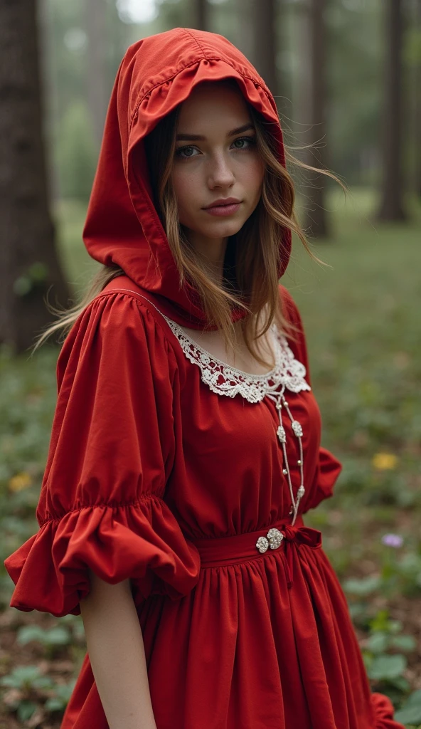 (Pictorialist style photography:1.2) of susanhmnwy, as (red riding hood), (wearing a red cloak, white frilled dress:1.4), (holding a basket), in a dark creepy forest, upper body framing,
(detailed skin texture:0.8), (blush:0.5), (goosebumps:0.5), subsurface scattering, perfect hands, (masterpiece:1.2), high quality, intricate details, highly detailed background, 8k, (Ultra-HD-details), (lively-looks), low light,
<lora:add_detail:0.8>
<lora:epi_noiseoffset2:0.8>