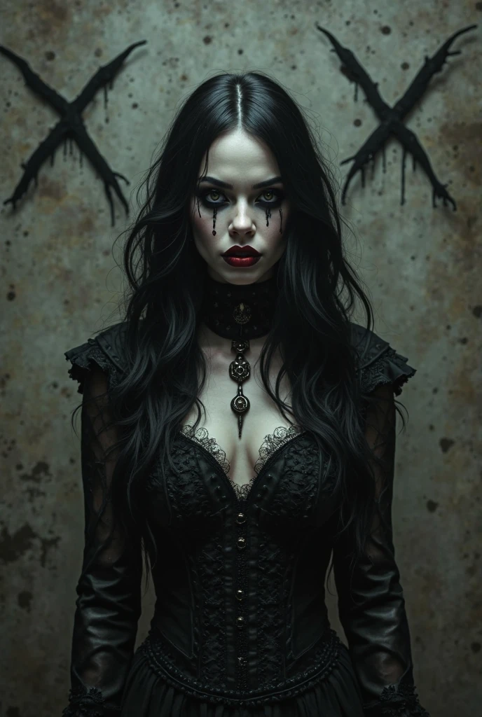 4k Realistic ultra detailed photography of a dark demon shrouded in smoke holding a gothic woman with red eyes in his arms, gothic woman wearing a gothic maxi leather dress decorated with skulls and bones, face and body realistically depicted in ultra detail, photo background is dark and gothic influences