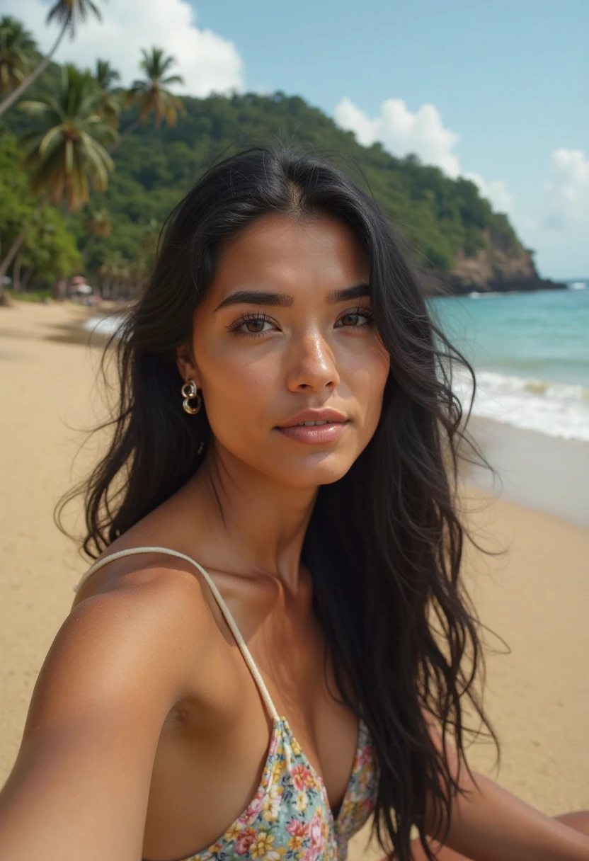 side pose of a brown American beautiful model, wearing classy outfit, posing in a beach, light brown eyes, 6ft tall, minimal freckles, full lips, chocolate brown skin tone, straight black hairs, realistic skin texture, realistic photography