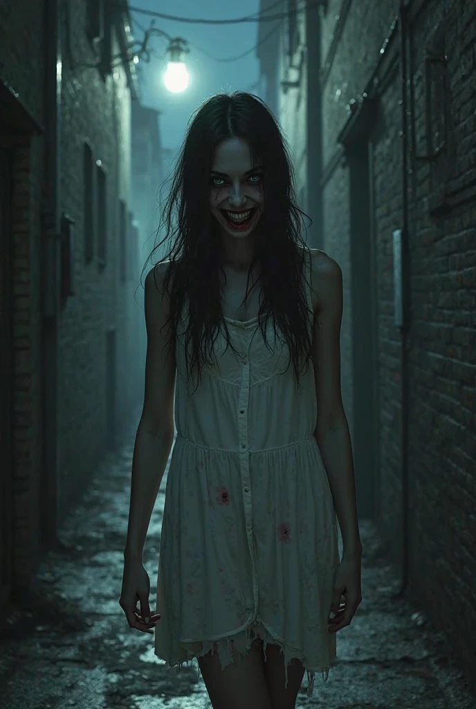 Psychopathe Une femme avec un sourire très effrayant et psychopathe seul dans une ...