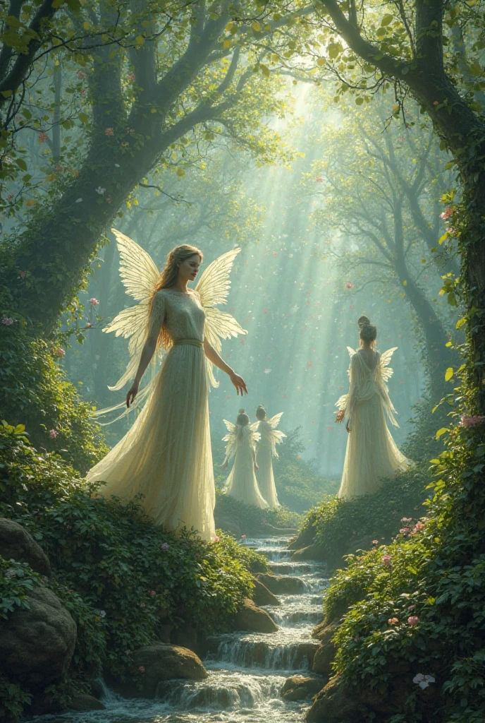 (masterpiece:1.0), (best quality:1.4), (ultra highres:1.2), (photorealistic:1.4), 8k resolution, Canon EOS R5, 50m)), ((ethereal)), angels, paradise, wings, halo, soft light, beauty, peaceful, serene. in the heavenly paradise, ethereal angels with magnificent wings and halo they are perfect and her body remains the marble.their poses of unparalleled beauty. they are wearing a heavenly outfit with whithe feather perfecly fit in their backs, with amazing bodies and beautiful blue eyes))wearing also golden lace ribbons. ((in the paradise garden there is a fountain of youth with many trees and flowers around a big lake and marble palace and statues, raw, 8k, looking at viewer's high definition.