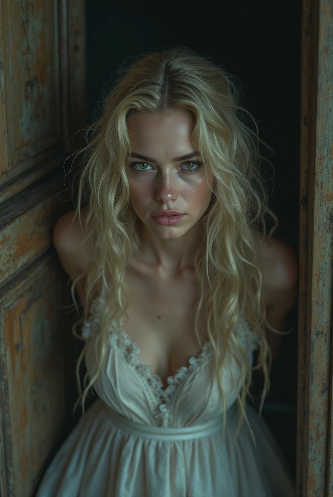 ((Elisha Cuthbert)), (tall and slender figure), (small_breasts:1,8), the frightened woman stands in a dark hayloft, (she seems helpless), ((she is sad)), (sad big eyes), ((she has tears in her eyes)), ((small head)), ((torn dress)), ((white heavily soiled dress)), (cotton dress), (covered by dirt), ((detailed realistic face and eyes)), cinematic lighting, 8K resolution, (tattered clothes), whole body