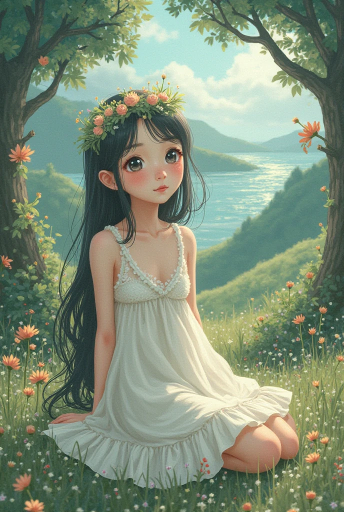 (masterpiece:1.2), (Best quality:1.2), Perfect lighting, cute style symmetric, tiny girl perfect sleep on side in a giant plant leaf flower, sleep on side curl up in real giant plant leaf, sleep curl up, front frontal view, face european caucasian, poster style epic, fullbody, wearing long herbal decor white night dress, no crop, sleep on side curl up, knees closed