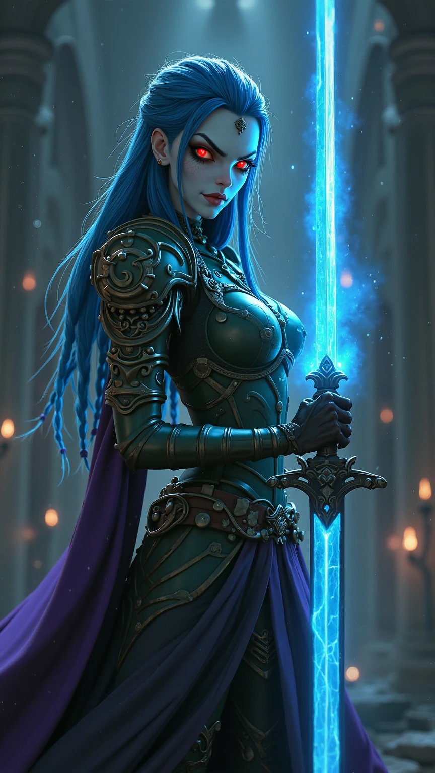 masterpiece,best quality,absurdres,photorealistic,detailed skin,<lora:more_details:1>,<lora:Elder Titan:0.3>, weapon,glowing,holding sword,horns,armor,blue_fire,