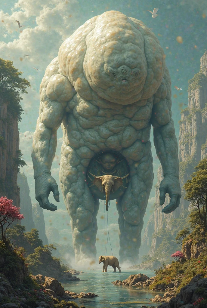 A giant as big as a mountain Looking up from below Huge belly