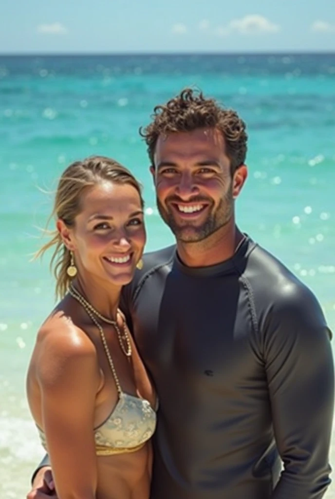 RAW photo, a portrait photo of 35 y.o white man and his gorgeous super model lovely wife, formal beach clothes, in a fun pool party standing in front of his luxury boho Caribbean beach front infinity pool villa, natural skin, 8k uhd, high quality, film grain, Fujifilm XT3 ,beautiful symmetrical face, perfect sparkling eyes, well defined pupils, high contrast eyes, ultra detailed skin