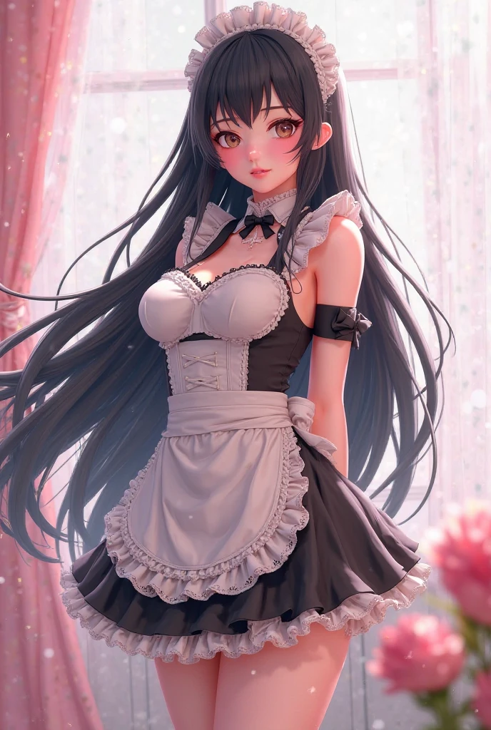 Pure girl，wearing a formal dress，Long hair and waist，Delicate and cute，flatchest，the maid outfit，Real Human