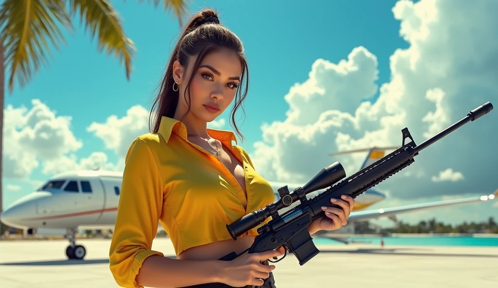 a woman in a yellow dress holding a gun, gta 5 loading screen poster, gta v loading screen art, by Patrick Brown, gta v artwork, gta v art, rockstar games art, gta 5 artwork, ariana grande in gta v, style of gta v artworks, gta loading screen art, art gta 5 comics, gta art