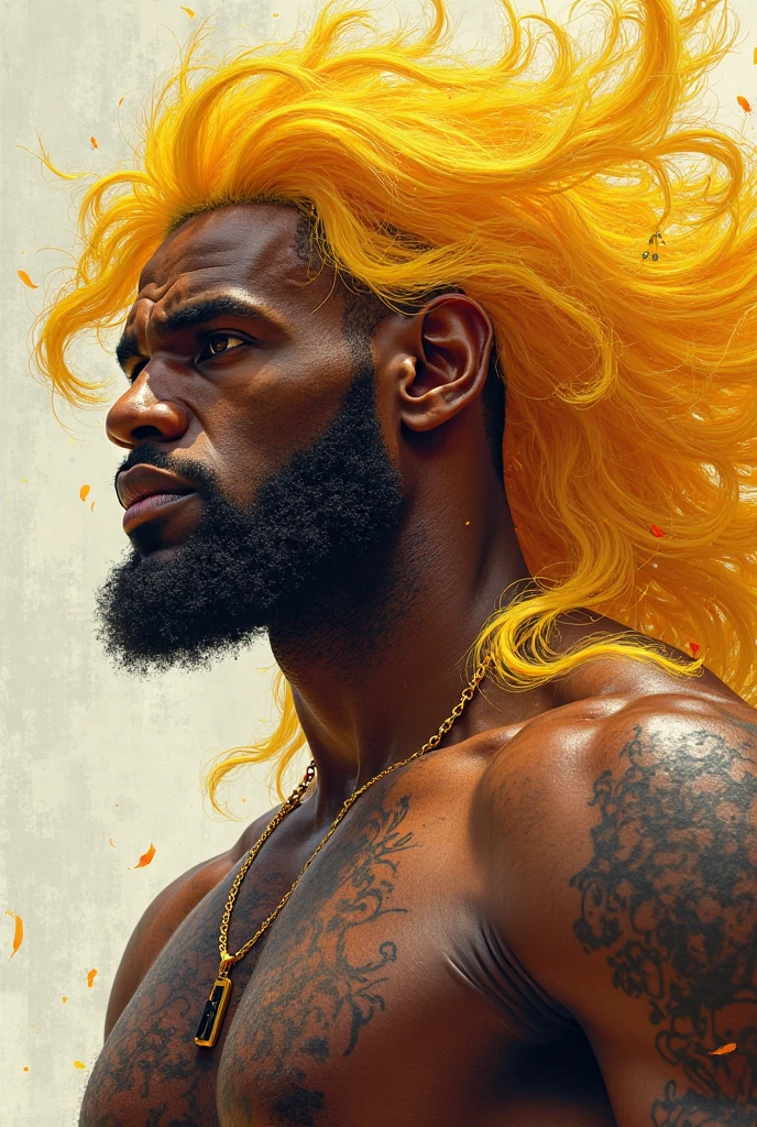 man with very black skin and blond hair, and very muscular and strong