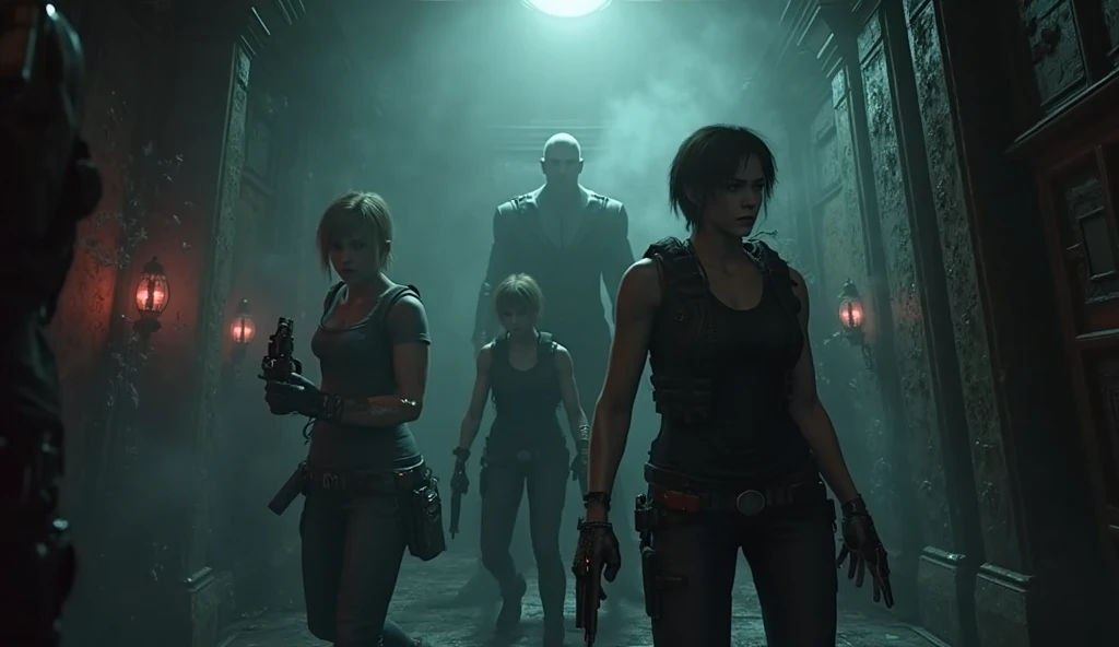 (Resident Evil 4+bloody:1.5), (full-body photo:1.67), (An elf woman and several zombies in the background:1.5), (she has gigantic breasts:1.5), (She's in Resident Evil 4+Leon's clothes with black T-shirt+brown leather chorte+extremely tight on her body:1.4), (she's walking in a night town crowded with zombies:1.5), (she has short brown hair:1.3), (she has blue eyes:1.3), (she's doing poses+for the viewer+holding an armada), Hyperrealism, 16k, best quality, high details, UHD