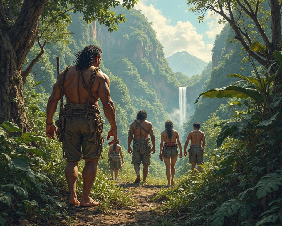 A highly realistic panoramic sunlight image of Tarzan fighting with an gorilla in the water. Jane looks on anxiously with a spear in her hand to come to the rescue., Both are half-naked dressed in the short loincloth of a primeval man, both standing dripping with water in the crashing waters of a very high waterfall half surrounded by big jungle trees in 70000000 BC, HD photography, ultra-realistic, King Tut, 4k, hyper-realistic, sharp texture, color.Her face with glistening water droplets is illuminated by the sun. She stands upright in the running water of the river, a perfect face model, Arabella mist-splitter, perfect face), beautiful lips:5 stylish, beautiful female face, attractive female face!!!, beautiful feminine face, beautiful makeup, perfect face! all wet on a rainy night, scared look, eerie, creepy, dark ambient, cinematic lights, ultra sharp focus, bird's eye view, high view, looking at the camera, raindrops.