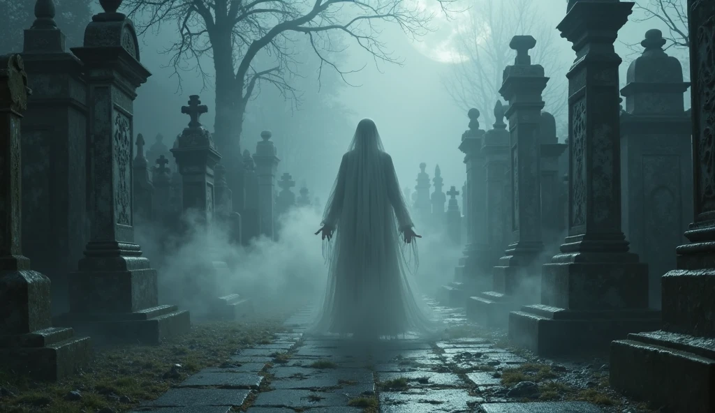 (ghostly, ethereal young woman with floor-length translucent, flowing attire, resembling a cloak). She has very long, flowing, cascading hair that adds to her ghostly appearance. Her face is gaunt, pale, ghostly, with a touch of sorrow. gloomy atmosphere. cemetery at the background. The scene exudes an eerie ambiance, with a hint of (nsfw, sensual) undertones, as if unveiling secrets from the past. (subtle nudity:0.7), g0s1