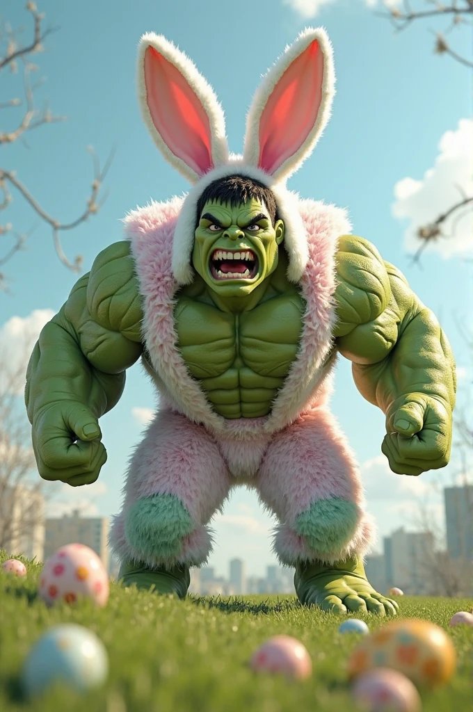 a giant green muscular man,the Incredible Hulk,laughing heartily,in a fierce battle with a female villain wearing an Easter Bunny costume,Hulk wearing rabbit ears,dramatic action scene,cinematic lighting,epic scale,vivid colors,hyper detailed,photorealistic,8k,3D rendering,concept art style