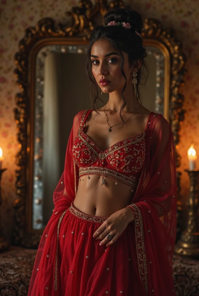 Make a girl who is wearing panties nd lehenga
Nd her body is showing