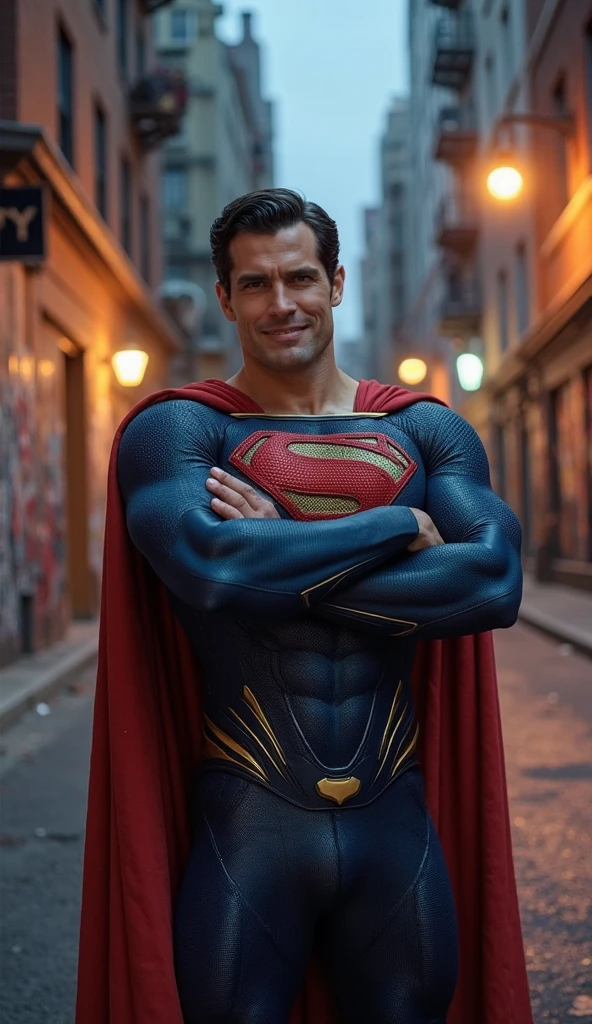 Superman stands, wiping his hands with a satisfied smile and a proud expression, after dealing with the 'drug addicts' in the neighborhood. He has a confident posture, with his arms crossed, and his face displays a look of satisfaction. The background maintains the same ghetto setting, with graffitied buildings and flashing streetlights, giving an urban and cinematic feel to the scene. The dramatic lighting highlights Superman's figure, creating a moment of triumph and authority. The style is realistic with subtle distortions and consistent characters. This style looks like AI-generated ultra-realism with a cinematic and slightly stylized touch. It tries to simulate a real photo, but with some exaggerated features, such as well-defined muscles, dramatic lighting and an almost hyper-realistic finish. The background complements the scene coherently, and the facial expressions and poses convey emotion and dynamism.