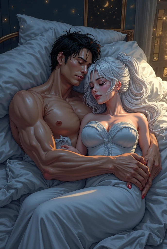 Blonde woman with long wavy hair, slanted red eyes, white skin, sexy and innocent look, half naked, wearing a red one-piece bikini, nice body with curves, lying on a bed, kissing a man, silver hair and straight hairstyle up, semi-naked, muscular body, hugging the woman, lying on the same bed, semi-realistic, perspective photography, Full HD