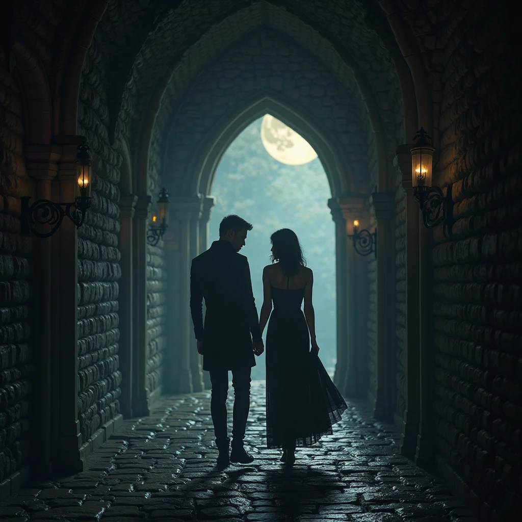 Dracula and a woman, black haired walking together in a dark corridor of a castle, it is being lit up only by the moonlight coming in through the windows, it is gloomy and dark
