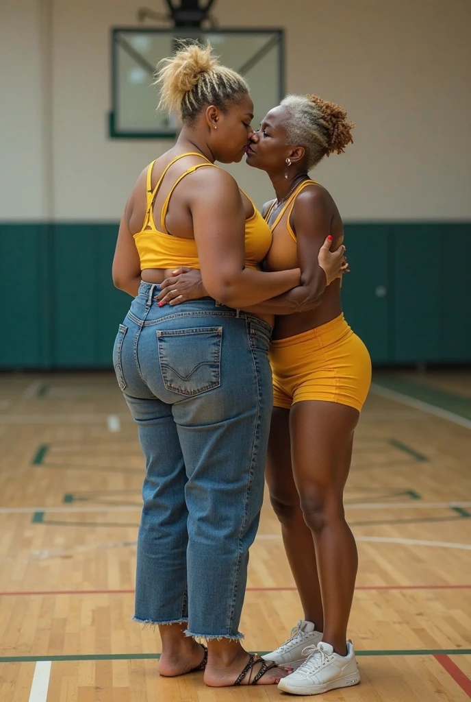 (((2heads))), a beautiful chubby norweigian:1.1  and african 18 year old man,(big bulge:1.7),fit, beautiful face, detailed hazel and brown eyes eyes,  naked, unathletic, very wide shoulders, flat chested, (half white and half black shirt):1.2,wet, drenched, yellow hair with blue highlights, highlights, green hair wirh pink highlights, unathletic, at. Indoors At the gym, other people in background working out, smiling, full body, realistic, detailed,