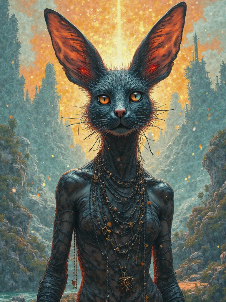 Mythical creatures, author:By Zdzisław Beksinski, Mucha、red sun、Big eyes, edna, fox, Detailed fur, sitting on Stone, smile, ((anthropomorphic)), 1girl, furry, ange1, antennae, black eyes, solo, eyelashes, Detailed fur,