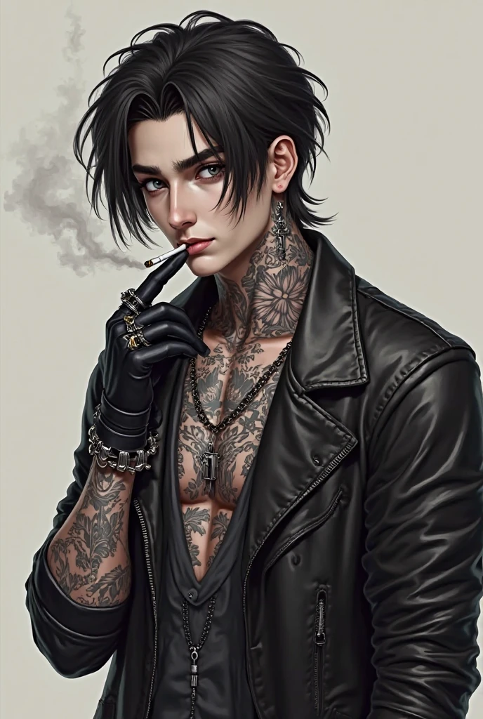 Guy, 4 thousand., High quality style ,  8K, Male anime character, beste-Qualit：1.0），（extra high resolution：1.0），with short black hair，red eyes color，black earring, sitting at a table，gets a tattoo，Background in the tattoo room, Tattoo studio,  tattoo equipment nearby, The body is closed...., loose black drop top tee, realistic face, lip piercing, black jeans