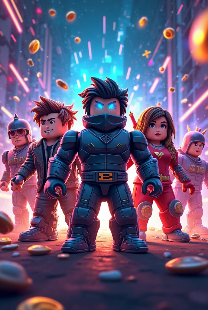 Dynamic and an exciting banner for the YouTube channel on Roblox. In the center are several cool Roblox characters in different styles (for example, ninja, cyberpunk,  Supperger Roy, magician), each with a unique pose and expression. Background — bright and energetic, with neon effects, with abstract light lines and splashes of color. Additional elements: Roblox, flying coins, lightning, pixel elements for the atmosphere. The color scheme — rich and contrasting shades (blue, purple, red, yellow). The inscription with the name of the channel in stylish, readable gaming font, game city with a slight 3D effect.  The overall style is modern , gaming, with high detail.