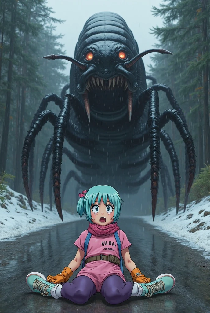 full body view of a creature, humanoid, teal fur, gigantic round auricle, pink eyes, anorexic, wearing pants, bare torso, antenna on jaw, walking, in an abandoned city