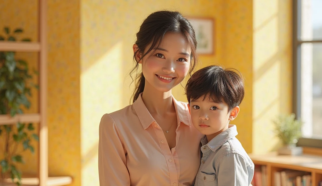 Japan sister and child, Outstanding body, Beautiful legs, Wearing traditional suit, Pantyhose, Natural hairstyle, sweet smile, sit, Refreshing early summer, Composition as seen from the front, 