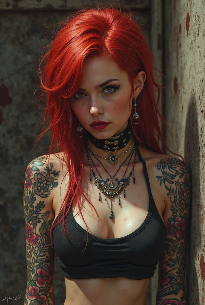 arafed woman with red hair and tattoos posing in a corset, seductive cyberpunk dark fantasy, inked, redhead female cyberpunk, redhead girl, red head, beautiful cyberpunk woman model, tattooed body, stunning cgsociety, red haired goddess, inked and colored, beautiful succubus, very tight corset, full body cgsociety, smooth intricate, awesome and moody