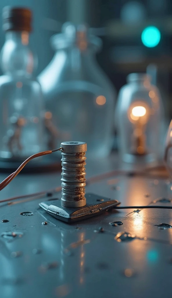 Photorealistic cinematic close-up image of a simple parallel-plate capacitor clearly visible on a laboratory table, wires neatly connected, soft realistic lighting, with a blurred background of physics laboratory equipment, educational and professional style.