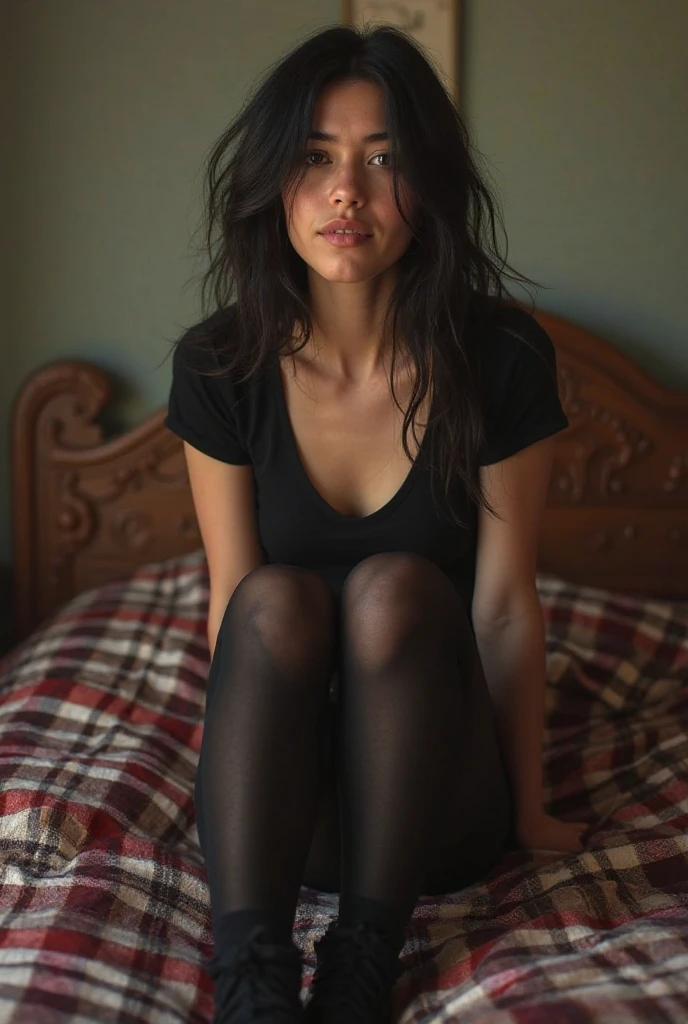  an extremely beautiful woman, dark eyed, Dark brown hair, small nose full lips, dressed in a leopard-print fluff coat, a pair of black pantyhose, Posing, lying on her back at a desk 