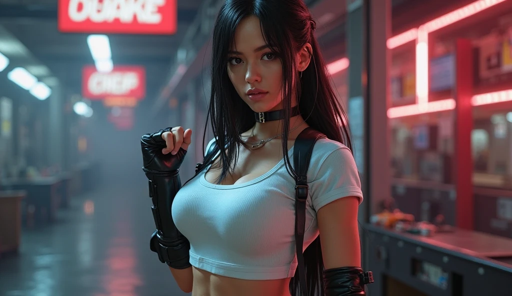 Tifa lockhart, tifa_lockhart,  ff7, sultry face, (white tank top:1.2), black miniskirt, (black long hair), hair bangs (red eyes:1.3) long eyelashes, beautiful red eyes with brightness, surrealism, shadow, stereogram, (photorealistic, realistic: 1.2), POV, atmospheric perspective, cinematic lighting, ray tracing, 8k, super detail, best quality, masterpiece, well detailed, (Canan EOS R6, 135mm, 1/1250s, f/2.8, ISO 400:0.9), cyberpunk, neon, neon signs, ramen shops, (huge breasts:1.5) red gloves --auto --s2