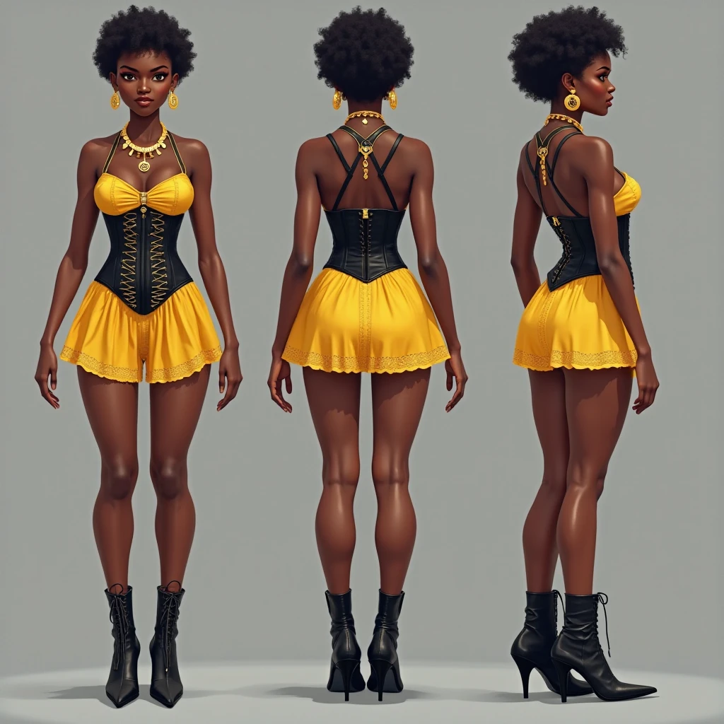 ((best quality)), ((4k)), ((highres)), ((masterpiece:1.2)). ((detailed)), ((ultra realistic)), ((intricate details)), ((full body picture)), ((character design sheet)), ((blank background)), ((standing in a blank background)), full body shot of a beautiful black female, ebony beauty, woman, 18 years old girl, dark brown skin, about 5'5 ft. tall, smirk on her face, ((smirking)), long curly black hair, ((long curly hair)), long hair, high pigtails, (((high pigtails)), dressed in a yellow sleeveless babydoll dress, ((EMPHASIS ON HER YELLOW SLEEVELESS BABYDOLL DRESS)), black leather belt on her waist, bare legs and bare feet, fighting game character design, tekken character design, the king of fighters character concept art, character concept art, full body, 18 years old female fighter, girly girl, cute girl, girly fighter character concept art