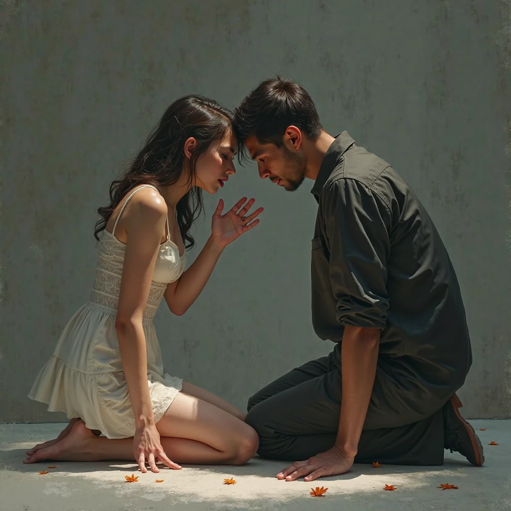 A girl in her twenties，Wearing a long blue dress，Wear high heels，Sitting on a twenty-year-old man lying on the ground，The skirt covers the man's whole body