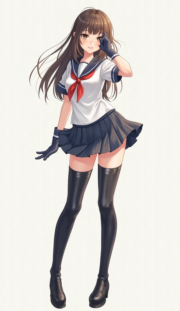 leaving school, uniform consists of a navel, miniskirt and stockings above the knees, the air lifts her skirt, pigtail hairstyle, IS BEHIND, has wives, is sweating, White Thong, very high heels, you can see her thong, She is crouched, IS BEHIND, VERY SEXY, is sorry