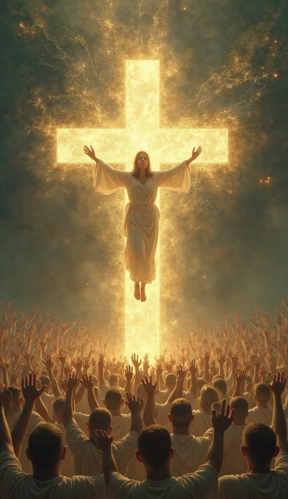 "Generate an AI-powered image summarizing the message of John 3:16. Envisioning a World Illuminated by God's Love, With a dazzling light that pierces the darkness. At the center of this awe-inspiring sight, cross描いた, Symbolizes the sacrifice of God's only begotten Son. cross、Diverse and united people from all walks of life々Group of, Representing the Inclusivity of God's Love. This image is、It should convey a deep sense of relief., Grace, And the promise of eternal life."