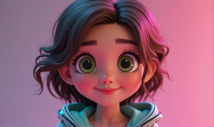 Create a 3D animation of a big-headed cartoon caricature. a 19 year old Indonesian man. She has short black pixie cut hair. His face is oval with smooth lines, thick and neat black eyebrows, normal eyes, a small, sharp nose, and thin lips with a wide, friendly smile. He wore a dark green hoodie over an orange t-shirt. Gradient blue background with professional lighting. masterpiece, top quality, highly detailed skin and face, ultra-realistic, high definition, studio lighting, sharp focus, 2/3 body angle, Concept Art, 3D rendering.