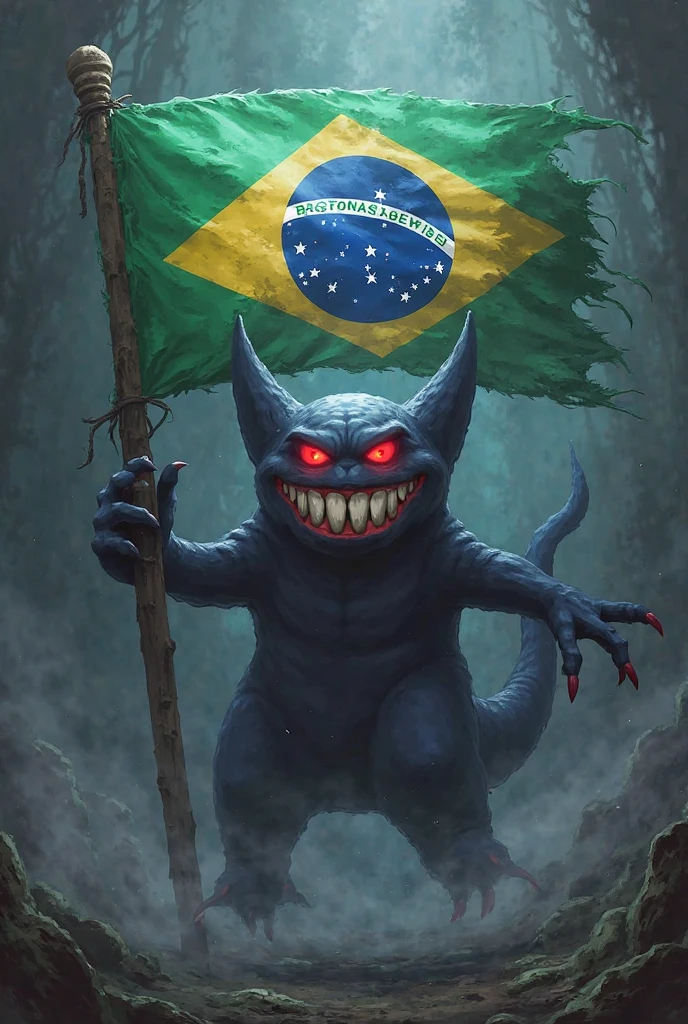 An image where an anime demon bites the Brazilian flag 