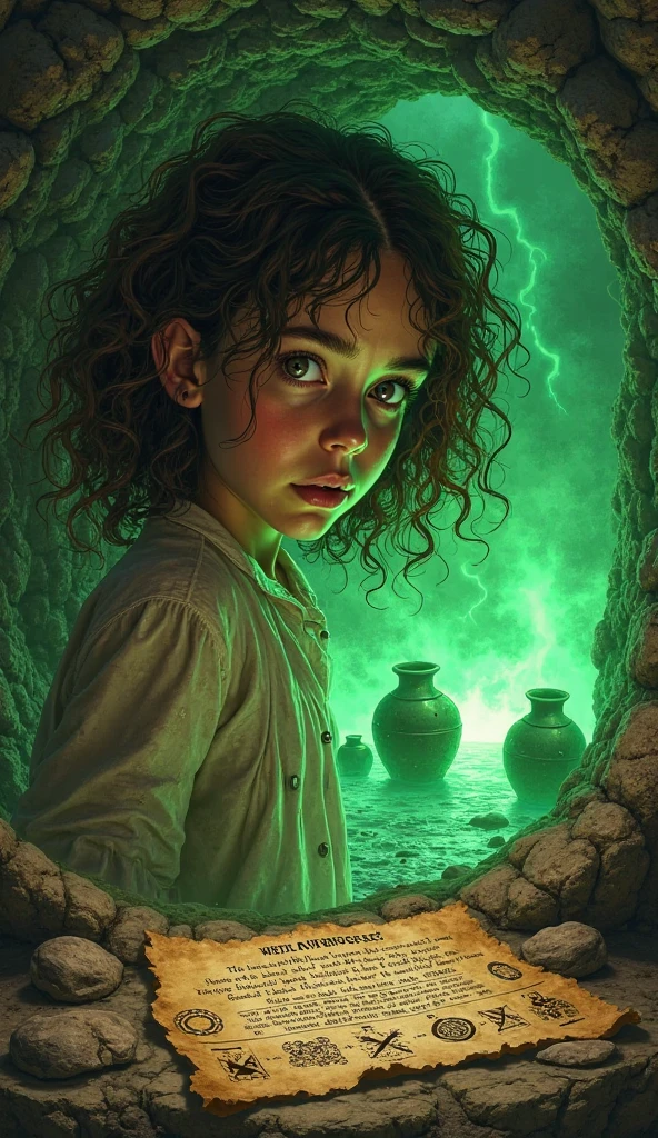 (anime, digital paint, young boy trapped in a cage, frightened expression, old woman preparing cauldron, eerie green light, dark and ominous atmosphere)