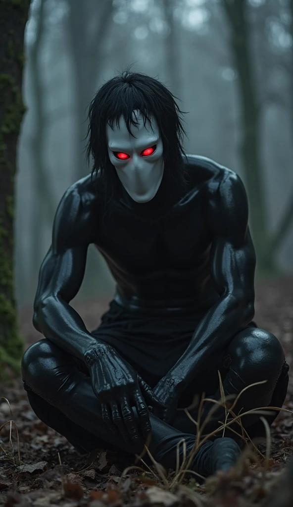 a creepy photo of jeff the killer, shirtless, in a dark eerie forest, high contrast lighting, detailed face, glowing eyes, sharp teeth, unsettling expression, horror, dark fantasy, dramatic shadows, moody cinematic lighting, dramatic fog, gloomy atmosphere, gothic, surreal, photorealistic, 8k, hyper detailed, masterpiece