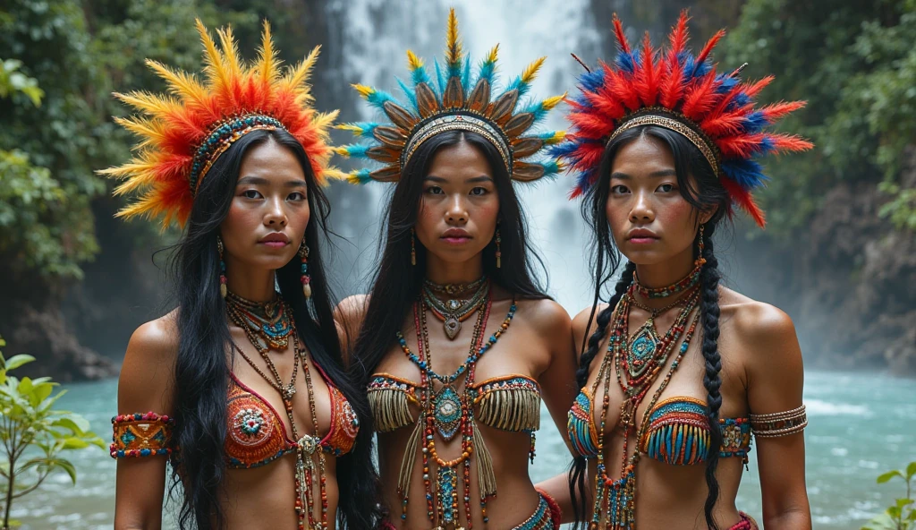 {{full color}}, {{medium shot}, tight framing}, (side by side), {(three) (young american indian girls), anime style, petite, cute}, {wearing (earth-colored bikini lingerie), (long gloves), (cotton scarf), (feather headdress)}, evil smile, (hair tied), (looking visualizer), {slender figure, mayoral anatomy}, {arms behind back, hidden hands}, {(face painting), (body painting), lot of (tribal tattoos)}, (skin pores, skin texture, subsurface scattering), (absurd), (masterpiece, best quality, ultra thin), (hyper detailed, beautiful face detailed, insanely detailed skin, insanely detailed resolution, ultra texture, perfect detailed face, sharp focus, blurred, clarity, sharp, octane render, unreal engine, low iso, sharp edges), (cinematic color classification, photorealistic, ultrarealistic, sunny landscape in daylight, natural lighting, HDR), (DOF, bokeh, atmospheric)