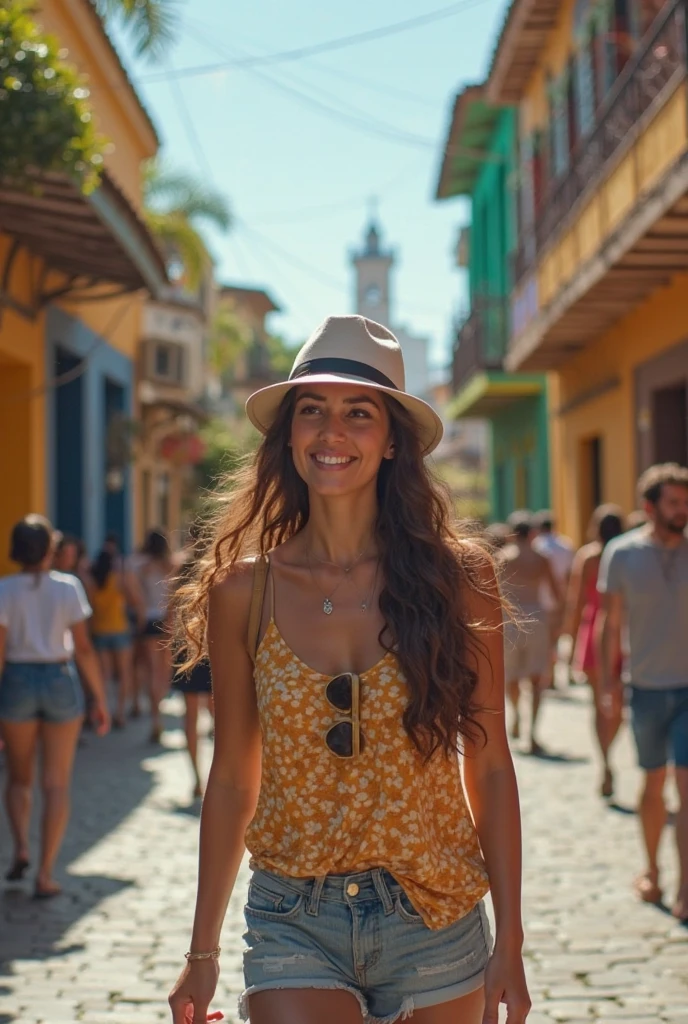 Imagine uma impressionante influenciadora digital de 23 anos com um sorriso radiante, pele marrom, e cativantes olhos verdes. She rocks vibrant peach curly hair, complementado por maquiagem que combina perfeitamente com a paleta de cores. Adornada com maxi brincos, she exudes confidence in a high-end fashion ensemble, passeando pelas ruas vibrantes da cidade do Rio de Janeiro.